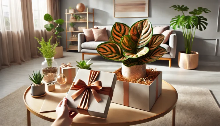 DALL·E 2024 08 30 01.07.31 A beautifully wrapped gift box being opened to reveal a stunning rare plant like a Philodendron Caramel Marble surrounded by elegant packaging mater